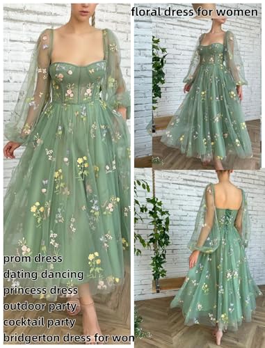 Image of Women's Puffy Sleeve Prom Dresses Fair Flower Embroidery Tulle Green Formal Evening Party Gowns