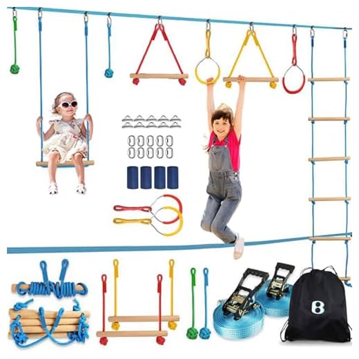 Ninja Warrior Obstacle Course Kit for Kids 37 PCS 52' Ninja Line Slackline Hanging Monkey Bars Fists Gymnastic Rings Swing Rope Ladder Portable Outdoor Ninja Course Training Equipment Set for Backyard