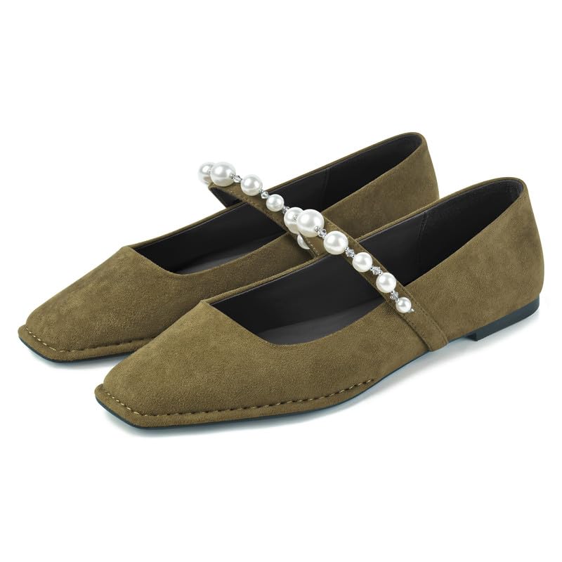 Square Toe Suede Ballet Flats for Women with Pearl Strap Comfortable Elegant Mary Jane Ballerina Shoes