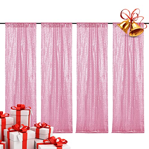 BEDDEB 4PCS Pink Sequin Backdrop Curtain, 2FTx8FT Glitter Backdrop Curtain for Christmas, Birthday, Wedding, Party Decoration Wedding Party Stage Decorations Fabric Sparkle Photography Background