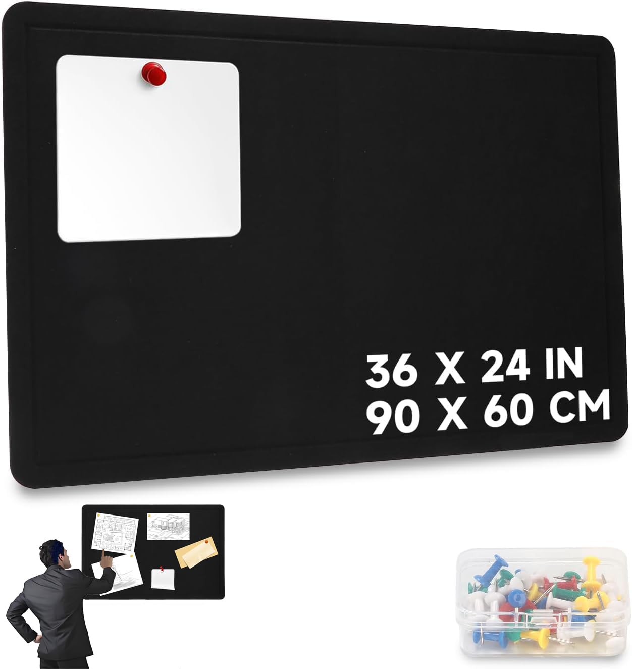 Tefola Kommt mit 35 Reißzwecke Pinnwand Schwarz, Faltbar Visionboard, Pinnwand Filz, Wandgitter Wird in Büros, Schulen und Küchen Verwendet（60 X 90 Cm）