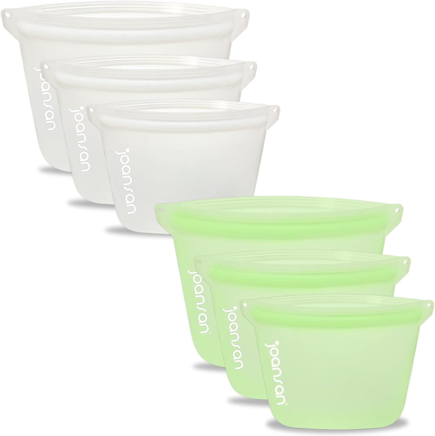 Reusable Platinum Silicone Food Storage Bags, Leak-Proof, BPA-Free & Airtight, Eco-Friendly, Dishwasher Safe, Multi-Purpose Bags for Food, Travel & Organization, Set of 6 PACK (White&Green)
