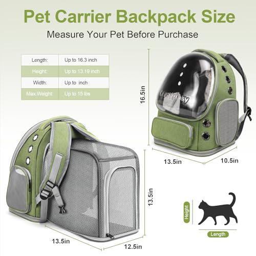 Image of Cat Backpack Carrier, Breathable Cat Carrier Large Space Bubble Pet Backpack For Kitty Small Dog Up To 15Lbs, Transparent & Foldable Pet Carrier For Travel Hiking (Square Expandable- Green)