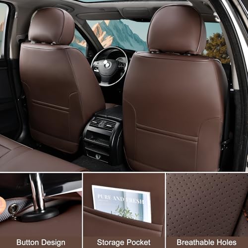 Image of TIEHESYT Coffee Car Seat Covers Full Set, Breathable Leather Automotive Front and Rear Seat Covers with Headrest, Car Seat Protectors Full Set, Compatible with Most Vehicles, SUV