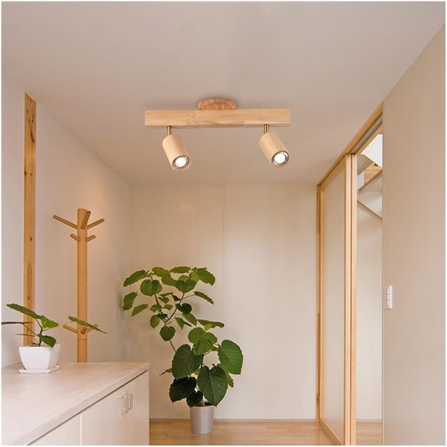 Nordic Wood Ceiling Lights, LED 3-Color Dimming Close to Ceiling Spotlight, Adjustable Track Feature Ceiling Lamp, for Living Room, & Kitchenstairs Porch Lighting Fixture(Natural Wood Color,2-Lights)