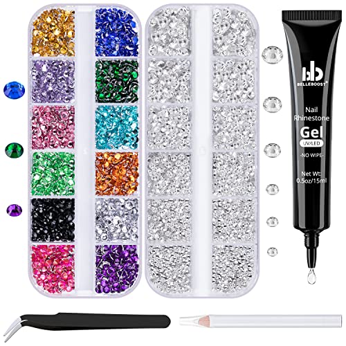 BELLEBOOST Nail Art Rhinestone Glue Gel&2 Boxes Flatback Gems Kit, 1 Tube of 15ml Rhinestone Gel Glue(UV/LED Needed)+Colorful Gems+Flat-Back Round Glass Crystal Clear Gemstones with Pickup Tools