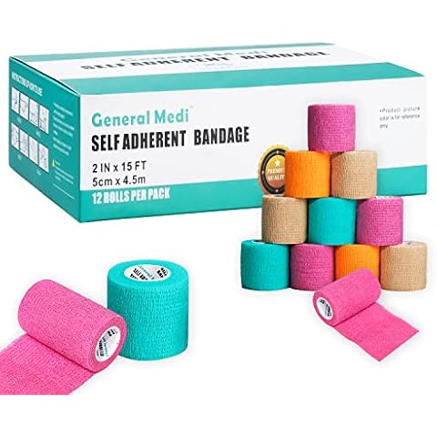 Self-Adherent Cohesive Tape, Strong Sports Tape for Wrist, Ankle Sprains & Swelling (12 Pack, 5cm x 4.5m) Cover