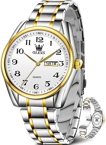 OLEVS Gold Stainless Steel Watch for Men,Two Tone Watch for Men,Waterproof Watch for Men,White Big Face Mens Watches,Dress Watch for Men,Relojes De Hombre,Luminous Man Wristwatches, Watch Men
