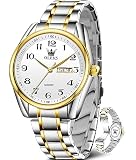 OLEVS Gold Stainless Steel Watch for Men,Two Tone Watch for Men,Waterproof Watch for Men,White Big F