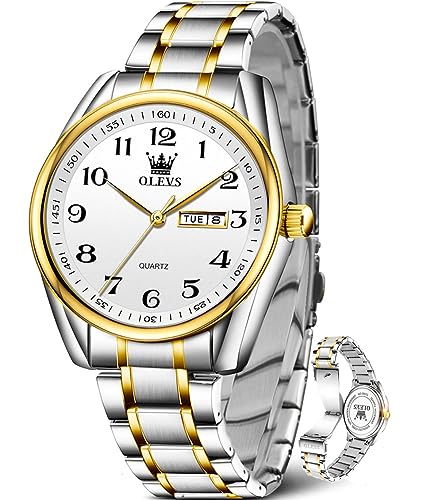 Olevs Gold Stainless Steel Watch For Men,Two Tone Watch For Men,Waterproof Watch For Men,White Big Face Mens Watches,Dress Watch For Men,Relojes De Hombre,Luminous Man Wristwatches, Watch Men #TOP26