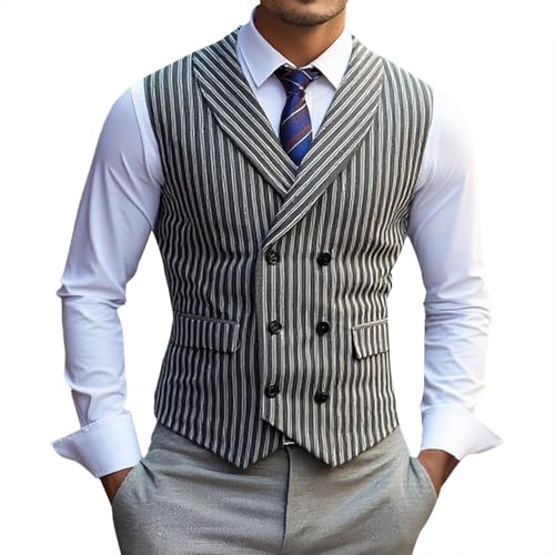 Men's Striped Double Breasted Vest with Pockets Sleeveless V Neck Checkered Waistcoat Formal Business Social Jacket Plus Size