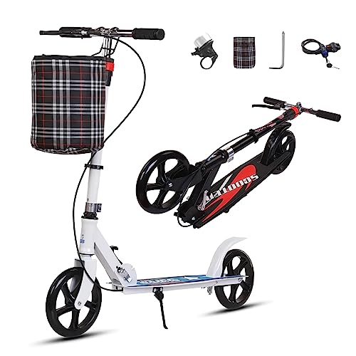 CUIOT Kick Scooter for Adults Teens, Big Wheels Foldable Scooter Ages 10+ Kids Youth, 34''-41'' Adjustable Handlebar, Hand Brake and Foot Brake, Lightweight High Carbon Steel Frame Up to 330Lbs,White
