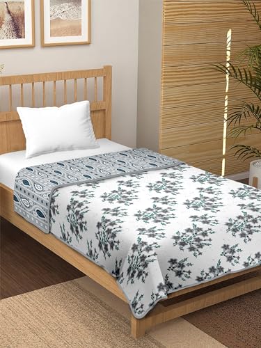 Image of Tundwal's Printed Cotton Reversible Dohar /AC Blanket for Single Bed |All Weather Light Weight | Rajasthani Printed Floral Design | Pack of 1-Leafs Grey