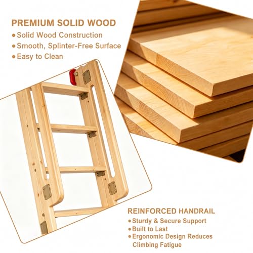 Image of 9.8ft Folding Wooden Loft Ladder, 12 Steps Rolling Library Ladder with Dual Handrails, Industrial Style SolidWood Step Ladder, Portable Loft Attic Ladder, 660LBS, for Attic, Warehouse, Library