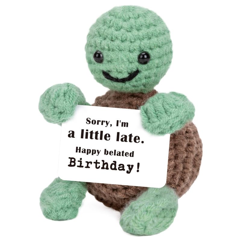 Xinezaa Happy Belated Birthday Turtle Crochet Gifts for Women Men, Funny Sorry Late Birthday Unique Present for Sister Friend Coworker Boyfriend Girlfriend Wife, Apology Gifts