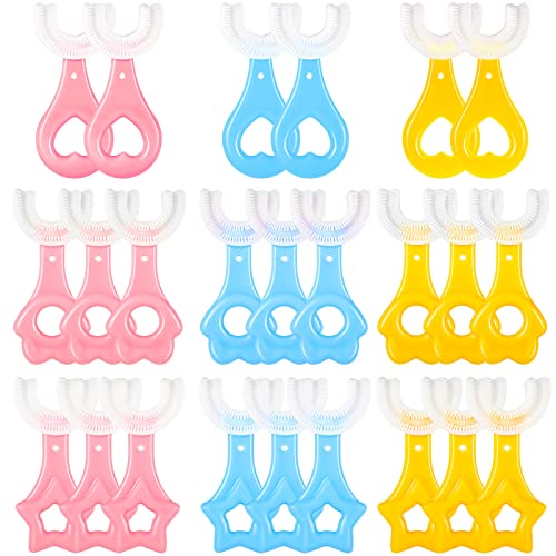 Zopeal 24 Pieces Kids U Shaped Toothbrush 360 Degree Teeth Cleaning Toddler Manual Training Toothbrush Whole Mouth Toothbrush with Handle and Silicone Brush Head for Kids Toddler, 9 Style（Age2-12）