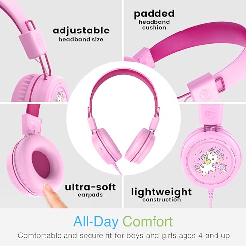Image of MEE audio KidJamz KJ55 Wired Children's Headphones with 3.5mm Plug, Colorful Graphics, Volume Limiter & Microphone, Adjustable On-Ear Kids Headset for Online Learning /School /Travel /Tablet (Pink)