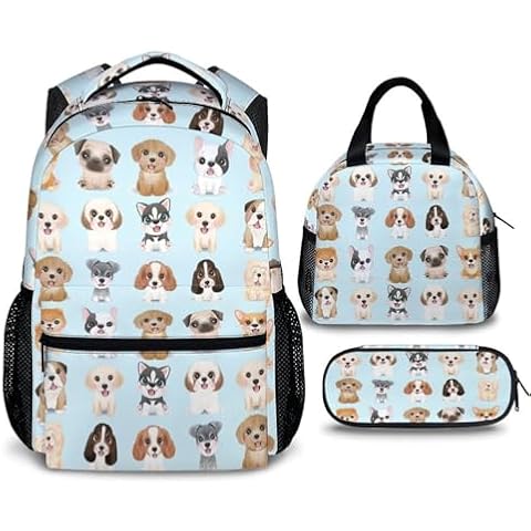 Sharecolor Dog Backpack with Lunch Box, Set of 3 School Backpacks Matching Combo, Cute Blue Bookbag and Pencil Case Bundle Cover