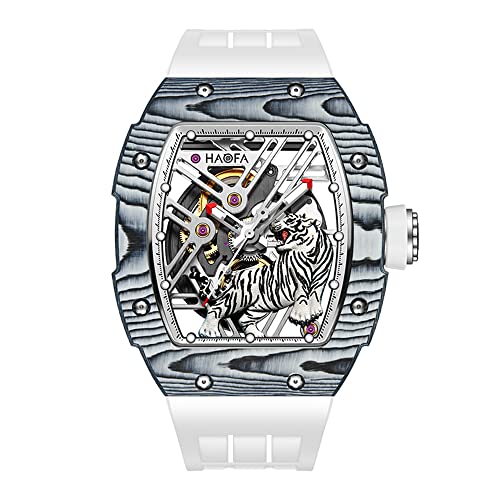 HAOFA 優勝限定 腕時計メンズ 自動巻き 3Dタイガー文字盤 スケルトン 炭素繊維ベゼル 機械式 スーパー夜光 樽型 トノー型 チタン時計 紳士 ビジネス ファッション 男性プレゼント (ホワイト)