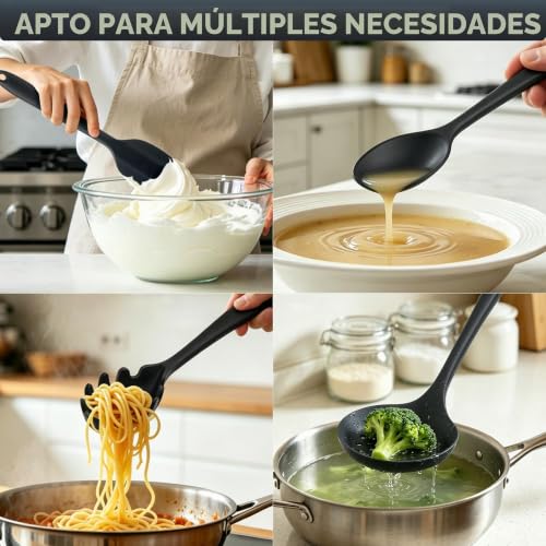 Miniatura 4 de Juego De Utensilios De Cocina De Silicona, 8 Piezas: Espátula, Volteador, Cuchara Para Servir, Cucharón Para Sopa, Cuchara Ranurada, Servidor De Pasta, Espumadera Y Espátula Para Pescado Negro