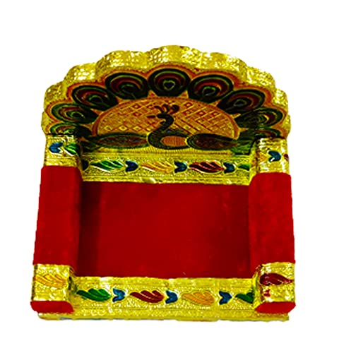 Image of DMS RETAIL Wooden Handcrafted Peacock Sinhasan for Mandir|Sihasan for Laddu Gopal|Shihasan for God (6X6 Inch)