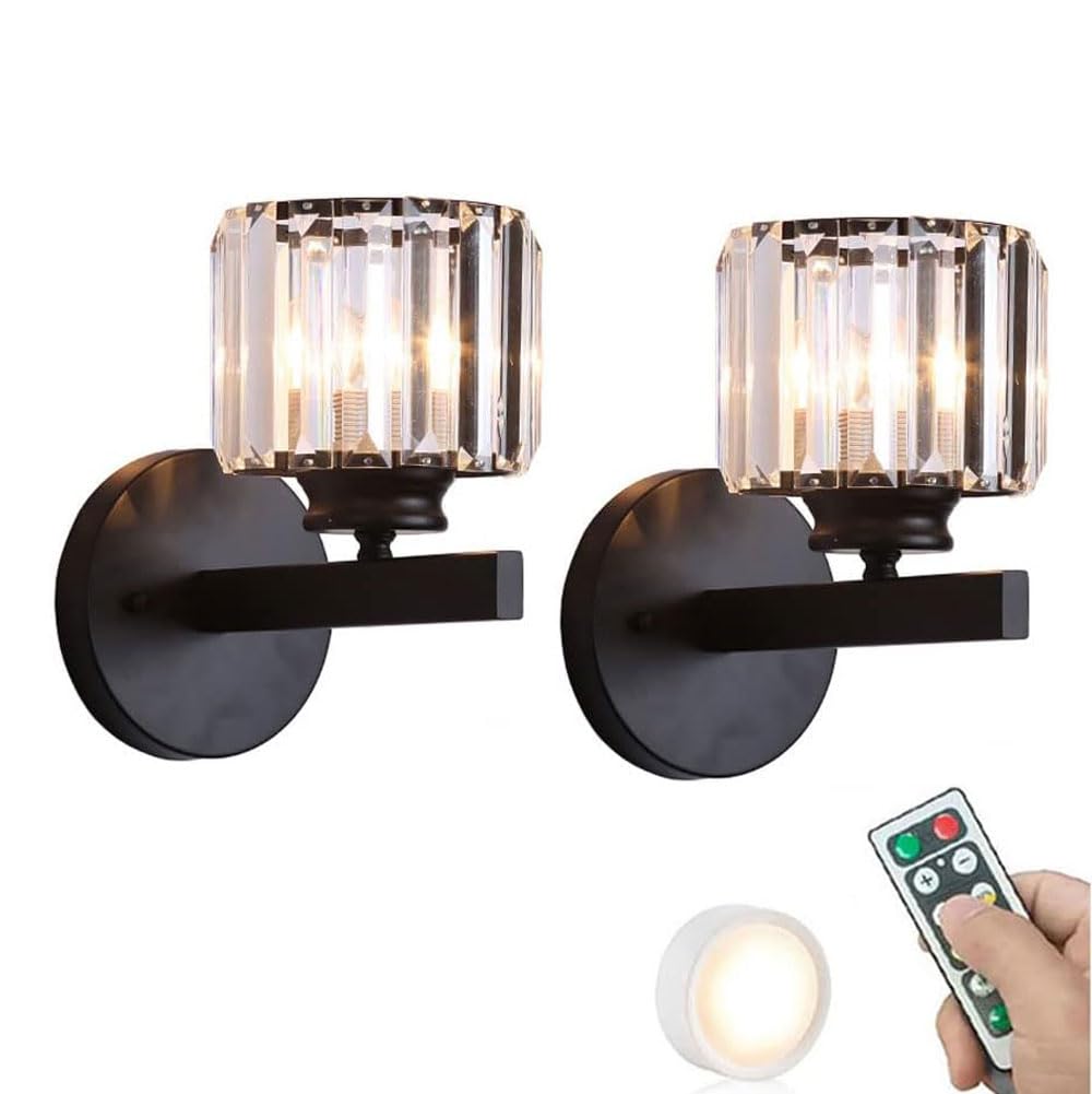 Wall Sconce Lights Vintage Gold Crystal Wall Sconces Battery Operated With Timer Rechargeable Bulb Modern Black Crystal Wireless Wall Lamp Cordless Bedside Wall Light For Bedroom Living Room Hallway