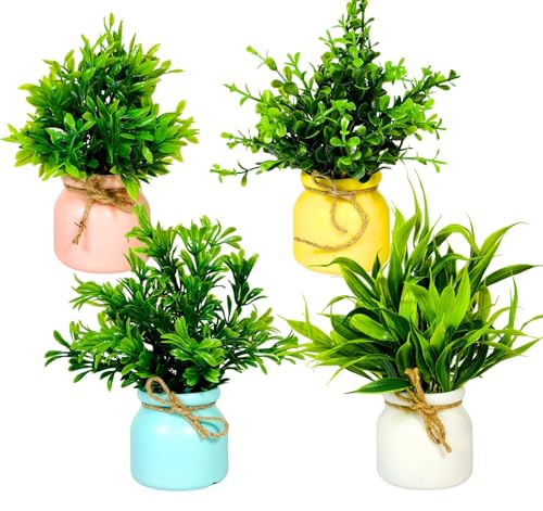 Image of Dekorly Artificial Pot Flowers Small Fake Plants with Pot Mini Potted Plants for House Office Tabletop Decoration Indoor (Pack of 4)
