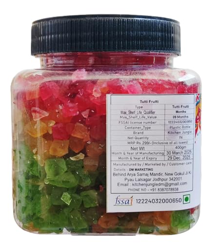 Image of Kitchen Jungle Tutti Frutti 400GM | Sweet & Colorful Candied Fruits | Perfect for Baking, Desserts & Snacking | Vibrant Tooty Frooty for Cakes, Ice Cream, Cookies & More - Pack 1