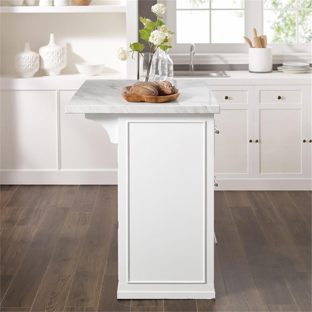 Pemberly Row Modern Kitchen Island, MDF Wood with Faux Marble Countertop, White Finish, 42" W x 27" D x 36.25" H, Storage Cabinet with Drawers, Adjustable Shelf, Contemporary Style for Kitchen Use
