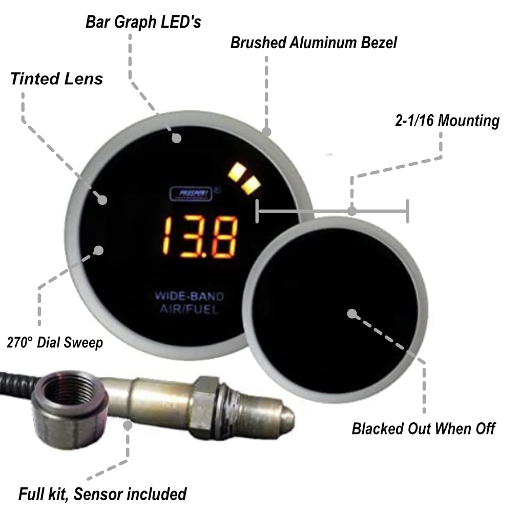 Prosport Wideband Air Fuel Ratio Gauge Kit with Amber Digital Display 52mm 2-1/16 | Bosch LSU 4.9 O2 Sensor | 10.0–20.0 AFR Range | 0–5V Output for Data Logging | Plug & Play Wiring Harness Included