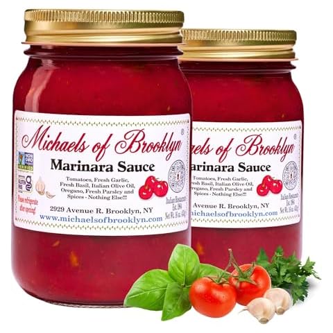 MICHAEL'S OF BROOKLYN Marinara Sauce Tomatoes Fresh Basil Pasta Sauce GMO Free, Gluten Free Fresh Tomato Sauce Basil Fresh Garlic, Olive Oil, Oregano & Fresh Parsley Pasta Sauce Jar - 16 oz Pack of 2 Cover