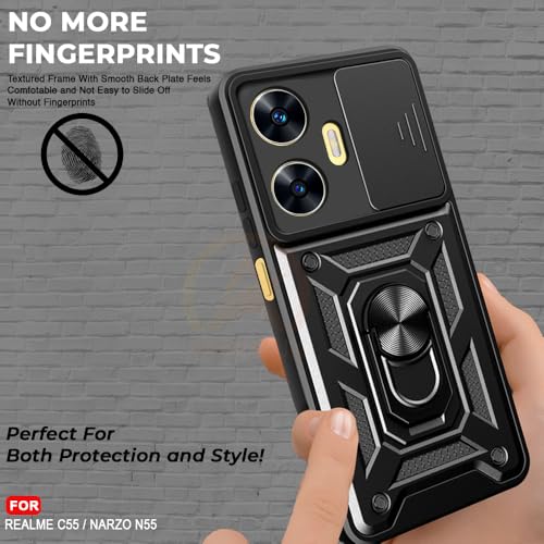 Image of Armor Bumper Back Cover Case for Realme C55 / Narzo N55 Rotating Camera Cover, Ring Holder & Kickstand | Heavy Duty & 360 Degree Protection Realme C55 / Narzo N55 Back Cover (Black)