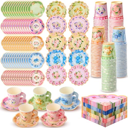 Nuogo 300 Pcs Vintage Floral Disposable Tea Party Set with Handles - Tea Cups Saucers Plates Napkins for 100 Guests Summer Party Supplies for Birthday Baby Shower Wedding