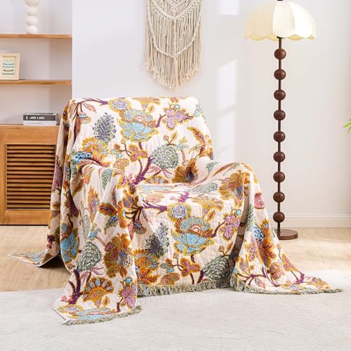 Image of XIBLC Boho Throw Blanket for Bed, 100% Cotton Soft Rustic Quilt Fall Blanket, 50 inchx60 inch Floral Printed Farmhouse Decor Bed Blankets, All Season Rustic Reversible Bohemian Throw Quilt