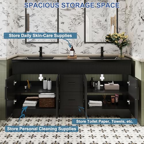 Image of eclife 72 inch Bathroom Vanities Sink Combo with Painted Surface, Modern Drawered Cabinet W /Decorative Wave Lines, Undermount Double Black Sink, Matte Black Faucet Drain, Black
