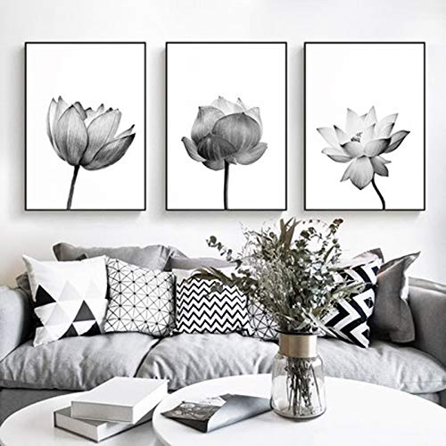Art mural lotus noir et blanc 70x100 cm | Set de 3 affiches minimalistes de haute précision