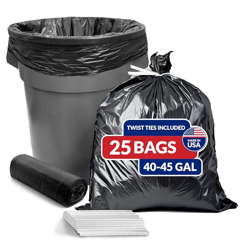 Reli. 45 Gallon Trash Bags Heavy Duty (25 Count) | Black | Twist Ties Included | Extra Tough Leak-Proof Garbage Bags | Ideal for Large Clean Ups