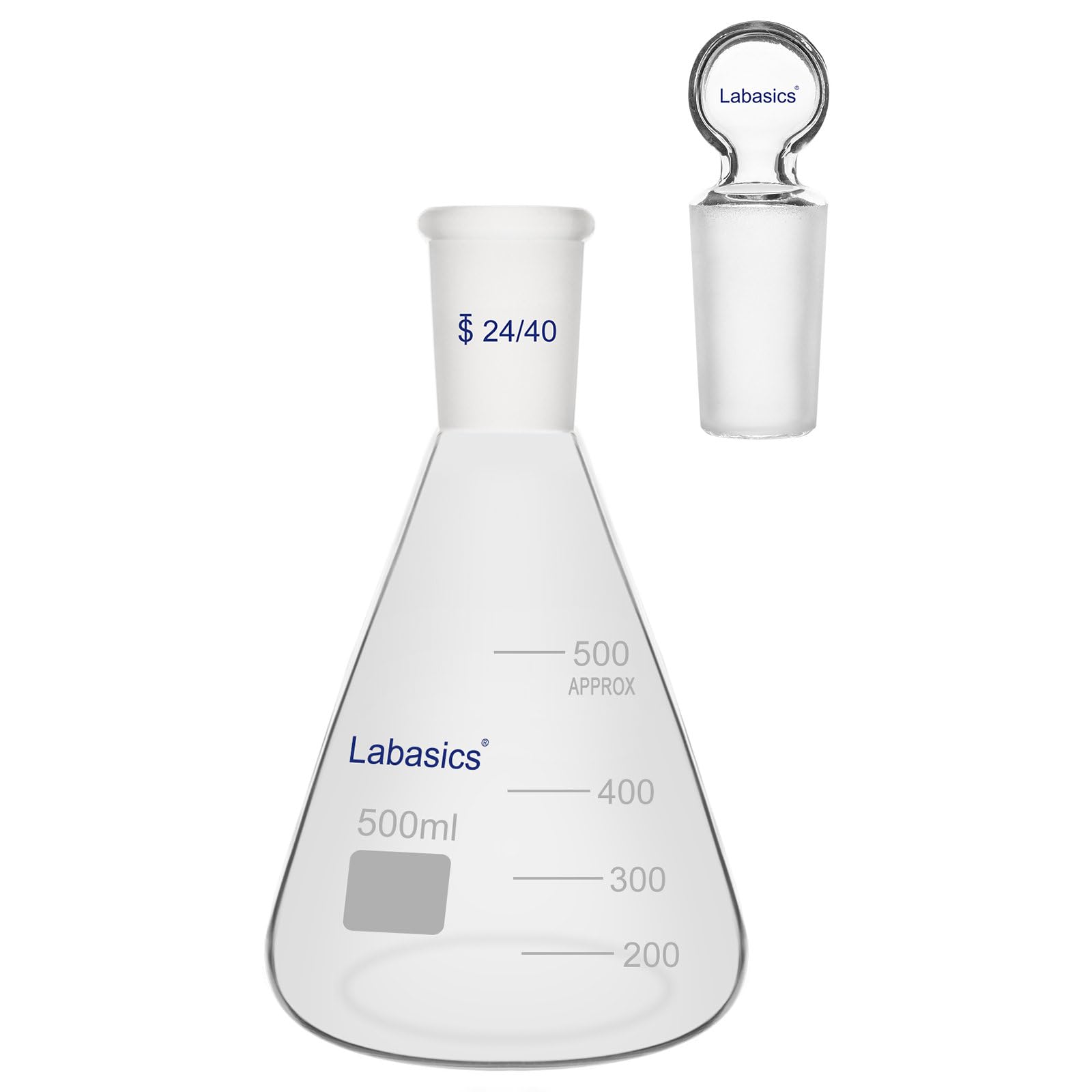Labasics Flask Erlenmeyer in Vetro Borosilicato con Tappo a Giunto 24/40, Flask Conico per Miscelazione e Conservazione di Reagenti da Laboratorio, 500 ml