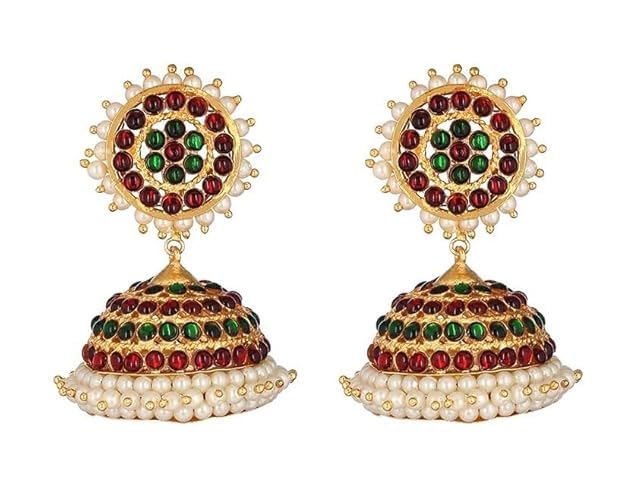 Traditional Big Kemp Temple Indian Jewelry Earrings,Bharatanatyam, Kuchipudi, Engagement, Weddings, Parties Classical Dance Jewelry Colorful And Designer Jhumka.Red,Green Stone ((KB:00139)-image-32