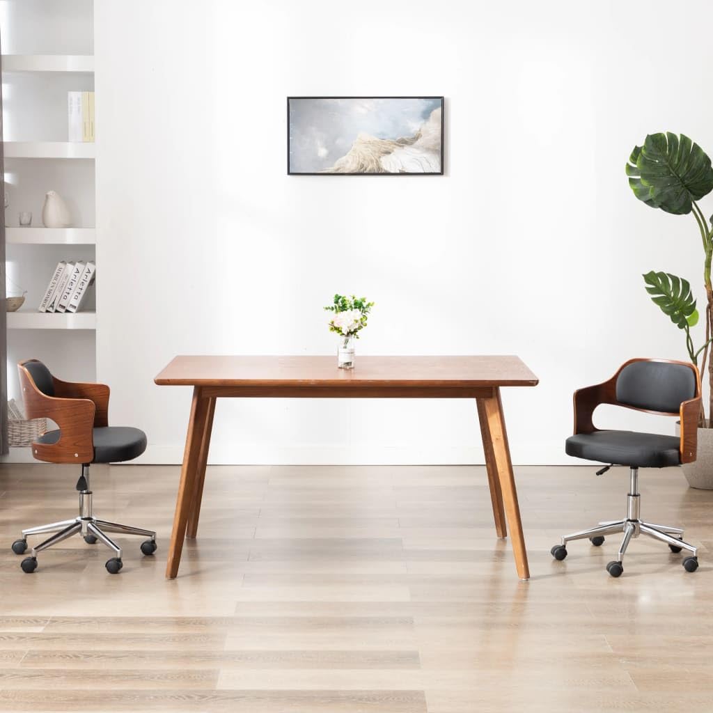 Krzesło do jadalni obrotowe, czarne, drewno łukowe i sztuczna skóra z ergonomicznym oparciem, kółka z tworzywa sztucznego, z regulacją wysokości, nowoczesne wzornictwo do kuchni, salonu