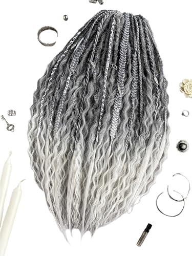 BOHO Curly Double Ended Dreadlock Extensions 21Inch Ombre Wavy Dreads 10 Strands Handmade Crochet Thin Soft Loc Extensions for Women Men Custom Dreadlock (Ash Gray to White Blonde)