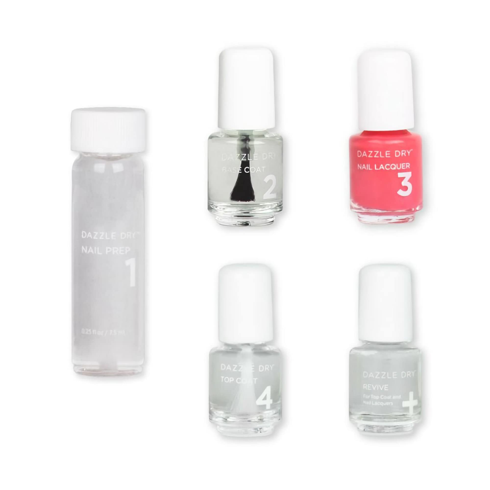 Dazzle Dry Mini Kit 4 Step System - Carnival Coral, a bright, punchy full coverage coral. Full coverage cream. (5 Piece Kit / 5 Manicures)