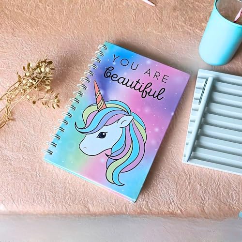 Image of You Are Beautiful Unicorn A5 Spiral Notebook Diary for Girls & Women | 192 Pages Ruled Journal with Daily & Monthly Planner | Hard Bound Cover | Twin Wire Binding | Motivational Unicorn Theme Notebook for Writing, Study & Gifting