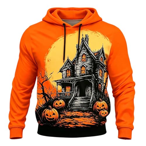 Hoodies for Men Halloween Pumpkin Hoodie Casual Long Sleeve Y2k Funny Pullover Sweatshirt Comfort Clothes Holiday Orange - image 1
