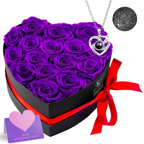 digi marker Extra Large 16 Preserved Roses Forever Flower Heart Shape Box Gifts with Necklace for Her Women Girlfriend Wife Mom Christmas Valentines Day Birthday Anniversary
