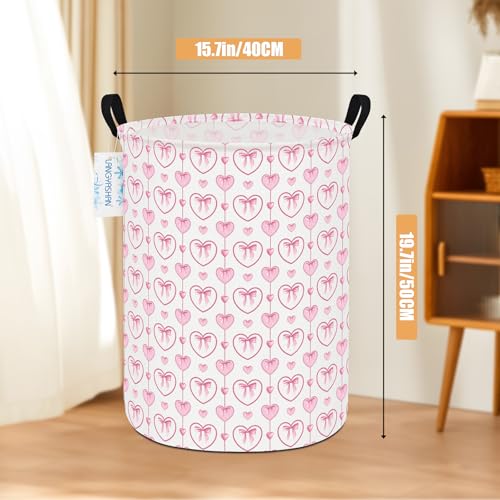 Image of Round Laundry Basket Collapsible Storage Hamper Organizer Pearl Heart | Waterproof Canvas Foldable Baskets with sturdy Handles Multi-scene Organizer for Home Play Bedroom Gift Bin
