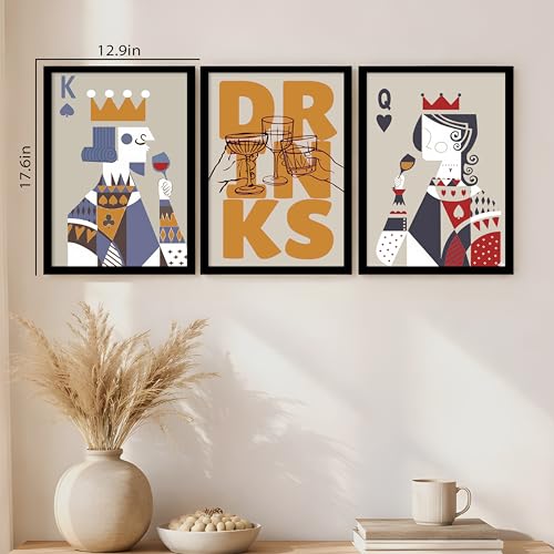Image of PAINTINGMANTRA Poker King Queen Retro Graphic Framed Poster for Living Room inchDrinks inch Retro Framed Painting for Home Decor Bar Pub Lounge Dining area restaurant Hotel Set of 3, Size 33x45 cm