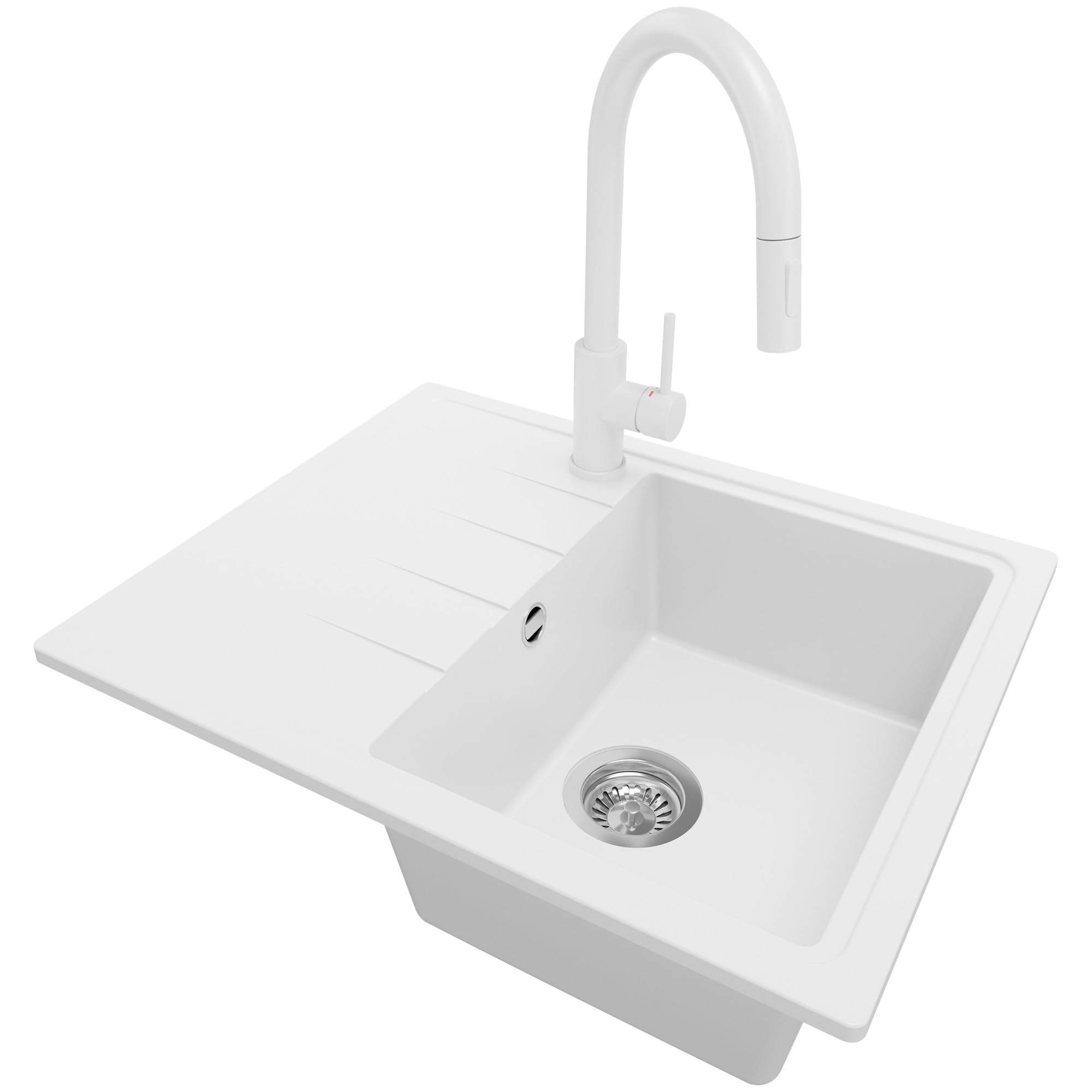 PRIMAGRAN Evier Cuisine en Granit Blanc 62x50cm, Lavabo 1 bac + Robinet 40x20cm + Kit de Vidage, Évier à Encastrer au Meuble 40cm - Milan S017