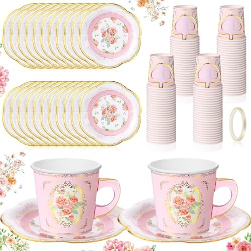 Umigy 60 Sets Tea Party Decorations 6.5oz Floral Paper Tea