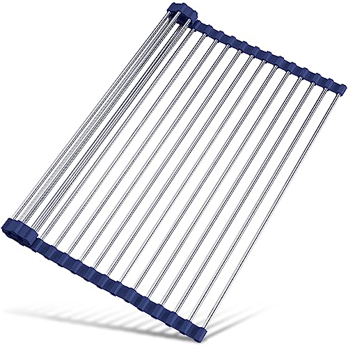 Tomorotec Escurridor de platos enrollable de 17.7 x 12.5 pulgadas, para colocar sobre el fregadero, accesorios para fregadero de cocina, organizador multiusos, escurridor plegable de acero inoxidable